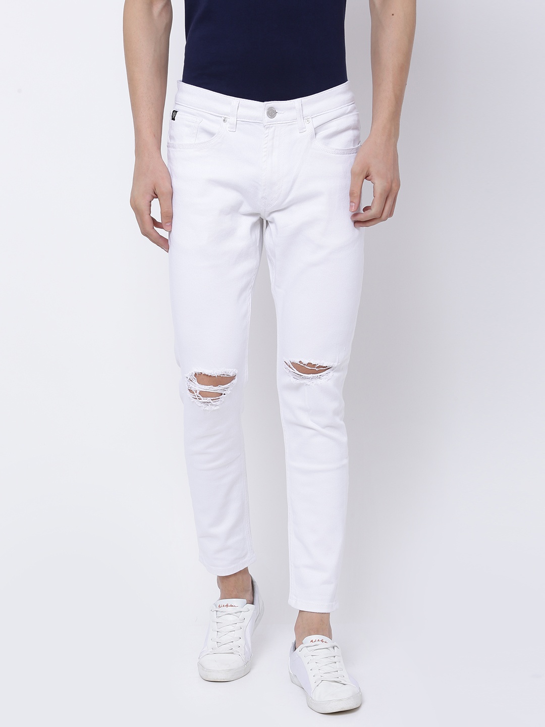 

LOCOMOTIVE Men White Tapered Fit Mid-Rise Slash Knee Stretchable Jeans