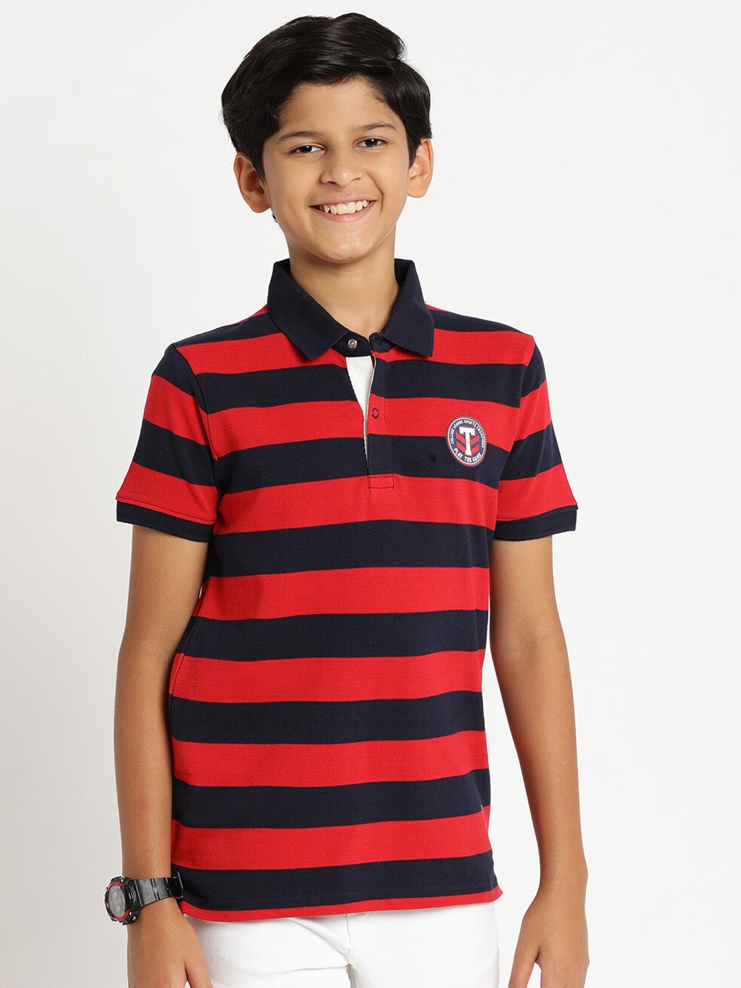 

Indian Terrain Boys Striped Polo Collar Applique Slim Fit Cotton T-shirt, Red