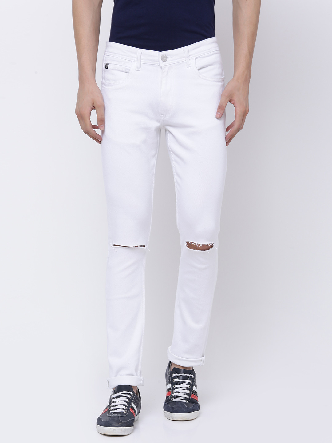 

LOCOMOTIVE Men White Super Skinny Fit Mid-Rise Slash Knee Stretchable Jeans