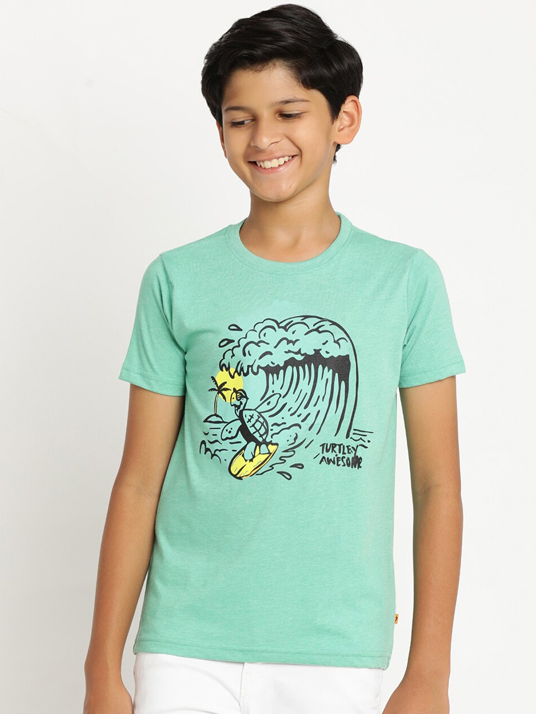 

Indian Terrain Boys Printed Slim Fit Cotton T-shirt, Green