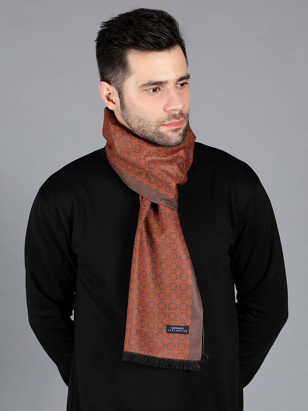 

Alvaro Castagnino Men Geometric Printed Reversible Muffler, Orange