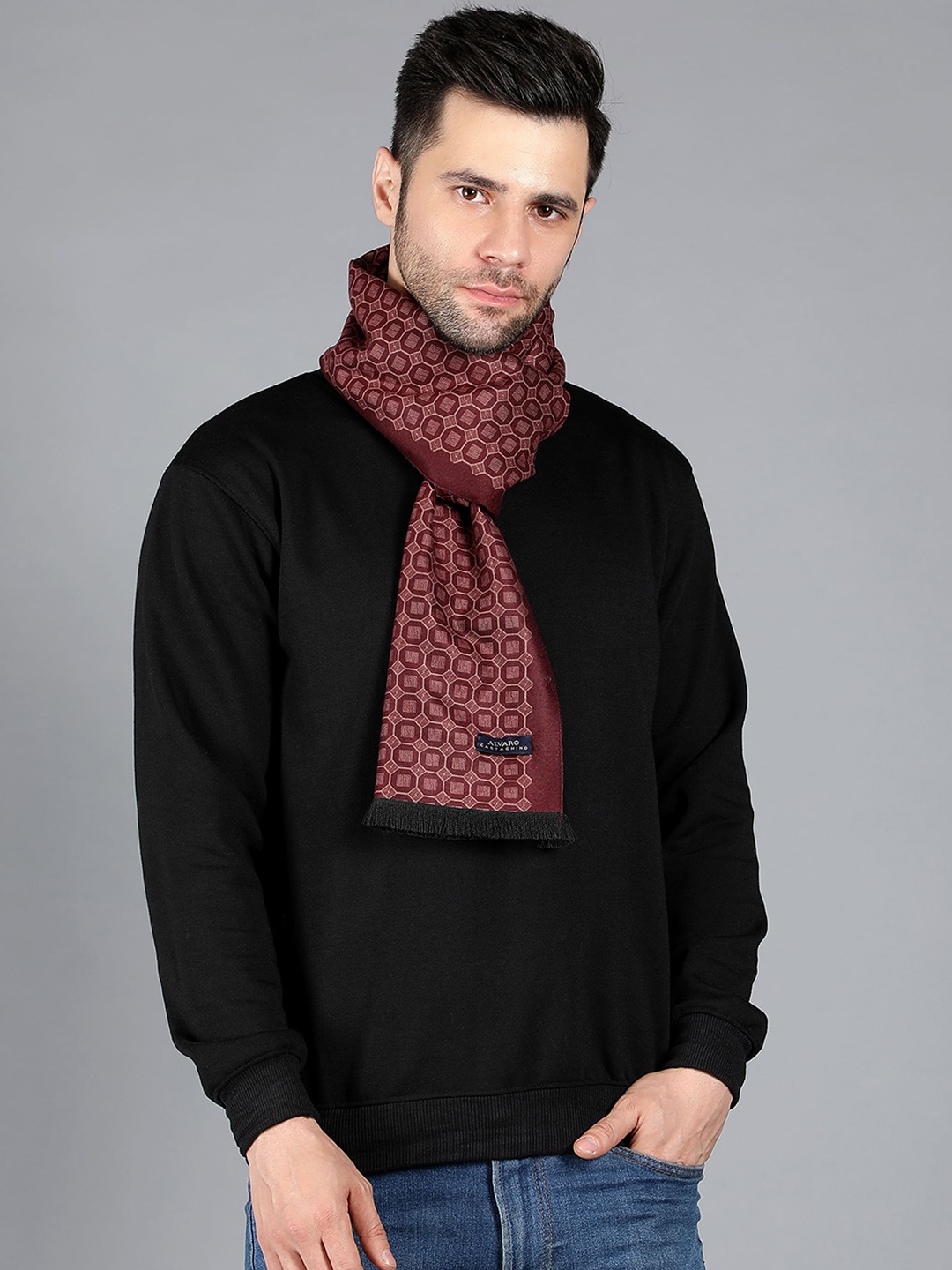 

Alvaro Castagnino Men Geometric Printed Reversible Merino Wool Muffler, Maroon