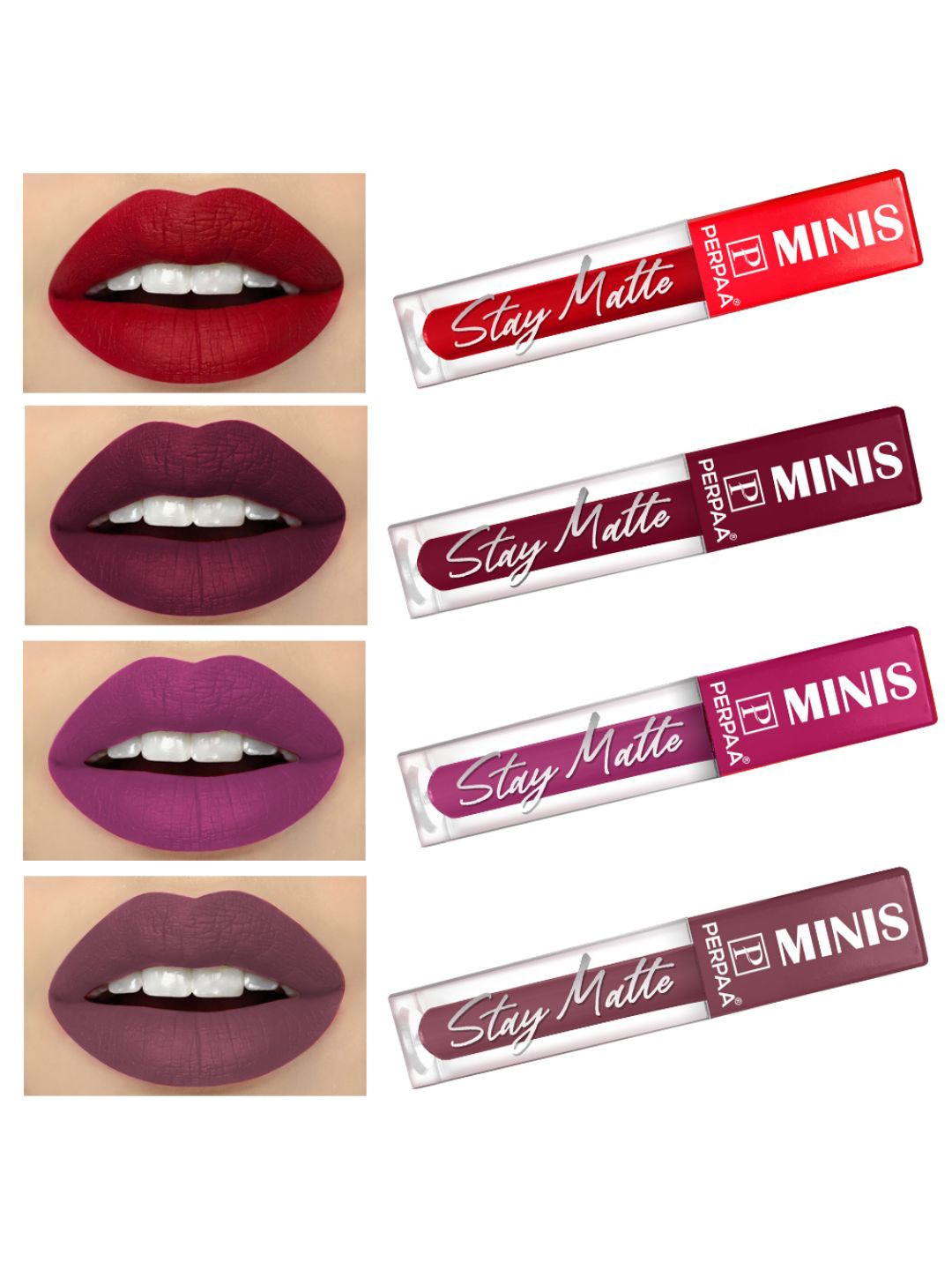 

PERPAA Set of 4 Stay Matte Waterproof & Long Lasting Velvety Mini Lipstick - 2.5 ml Each, Red