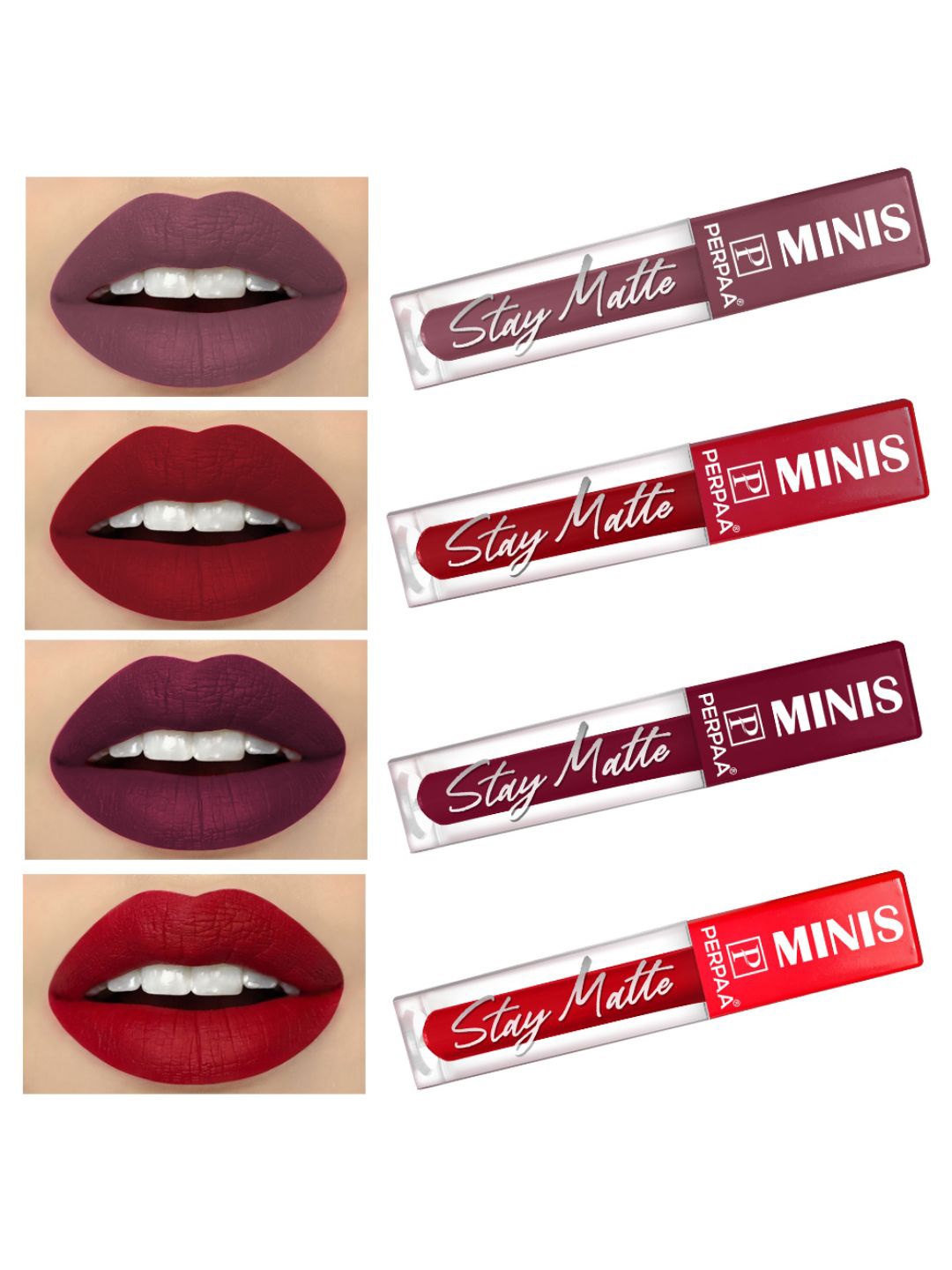 

PERPAA Set of 4 Stay Matte Waterproof & Long Lasting Velvety Mini Lipstick - 2.5 ml each, Multi