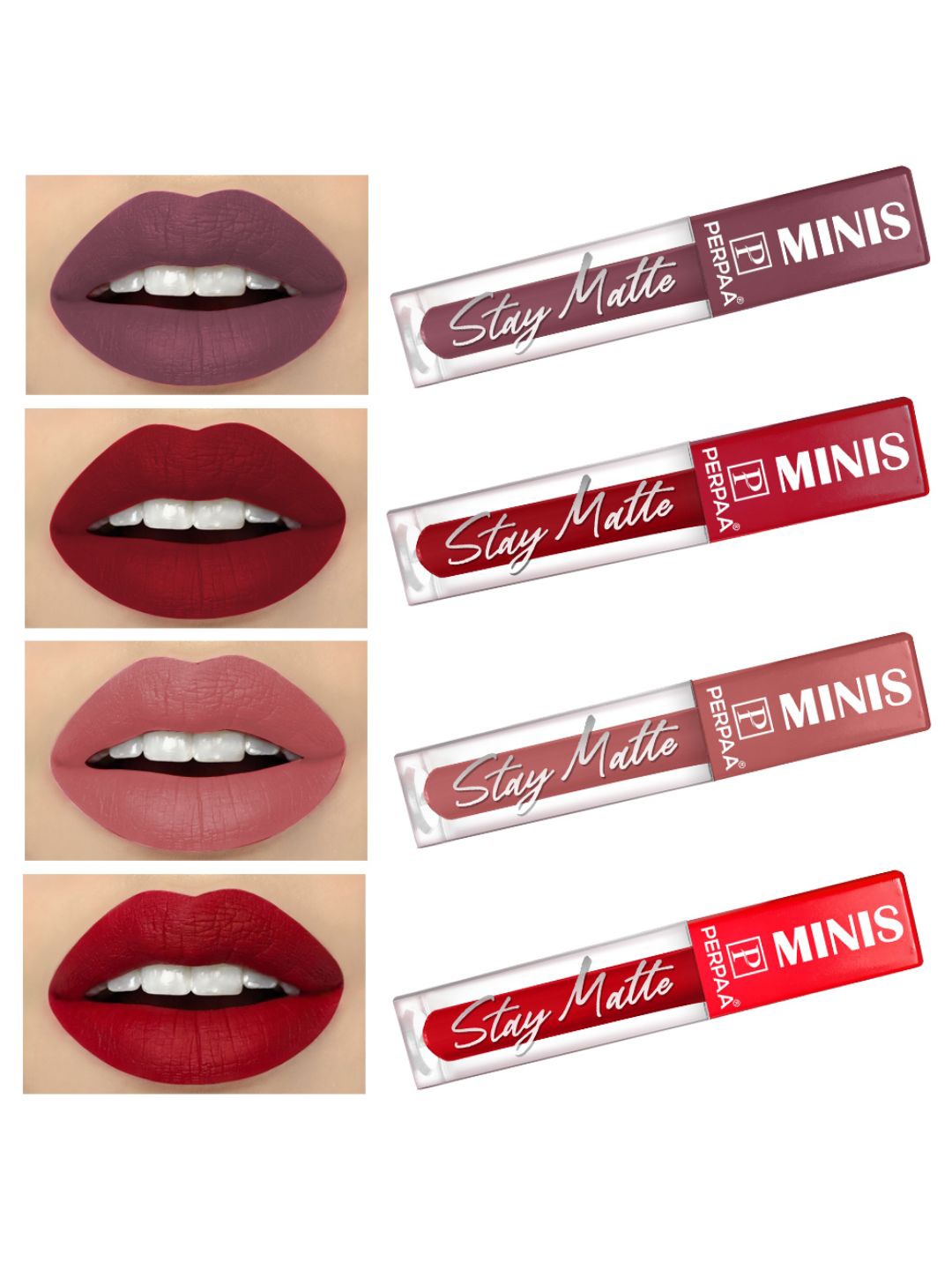 

PERPAA Set of 4 Stay Matte Waterproof & Long Lasting Velvety Mini Lipstick - 2.5 ml each, Multi