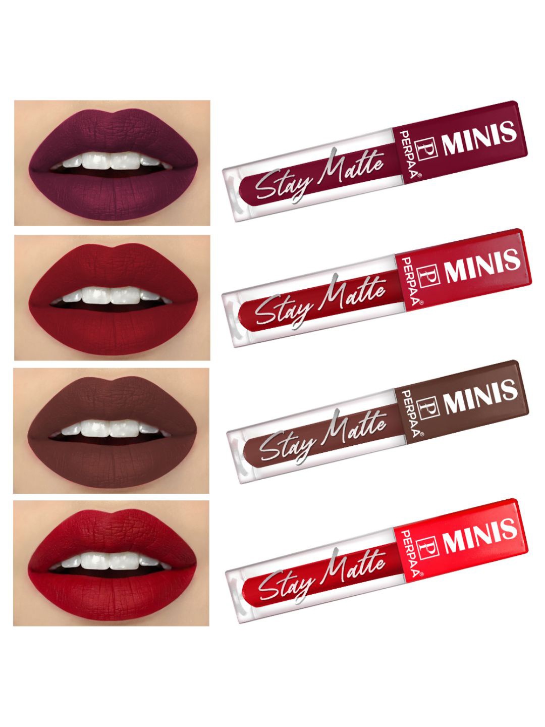 

PERPAA Set of 4 Stay Matte Waterproof & Long Lasting Velvety Mini Lipstick - 2.5 ml each, Multi