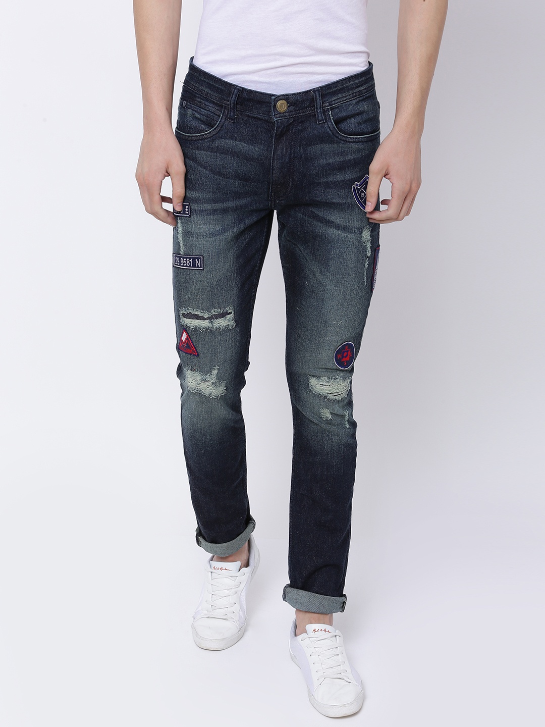 

LOCOMOTIVE Men Blue Regular Fit Mid-Rise Low Distress Stretchable Jeans