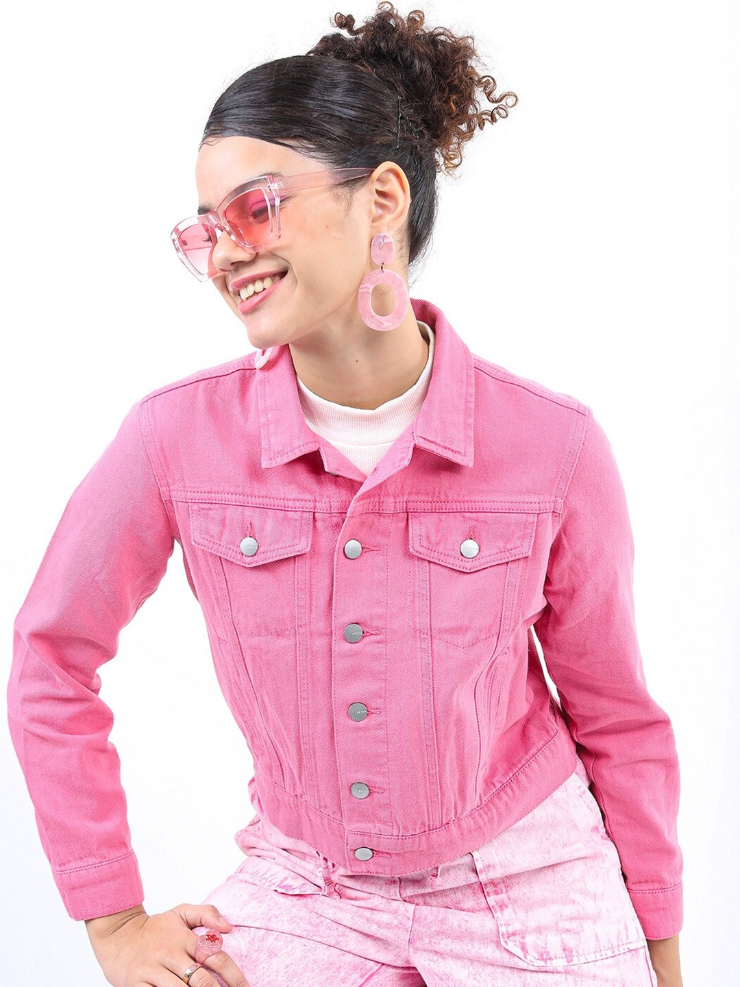 

KETCH Women Crop Cotton Denim Jacket, Pink