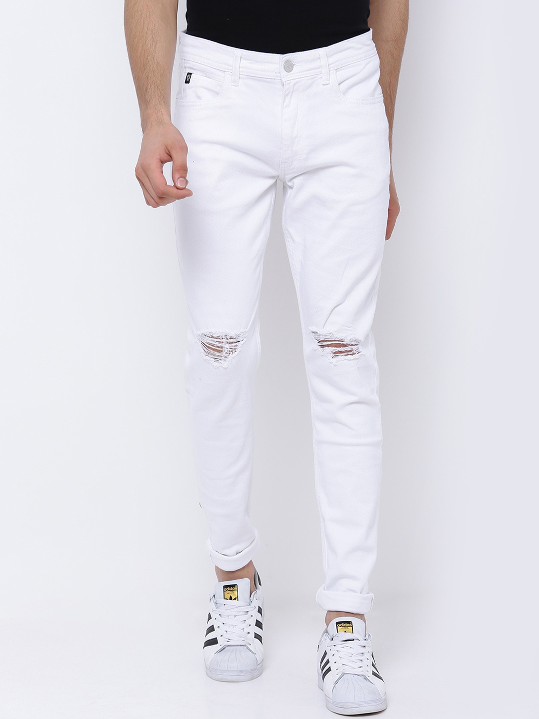 

LOCOMOTIVE Men White Super Skinny Fit Mid-Rise Slash Knee Stretchable Jeans