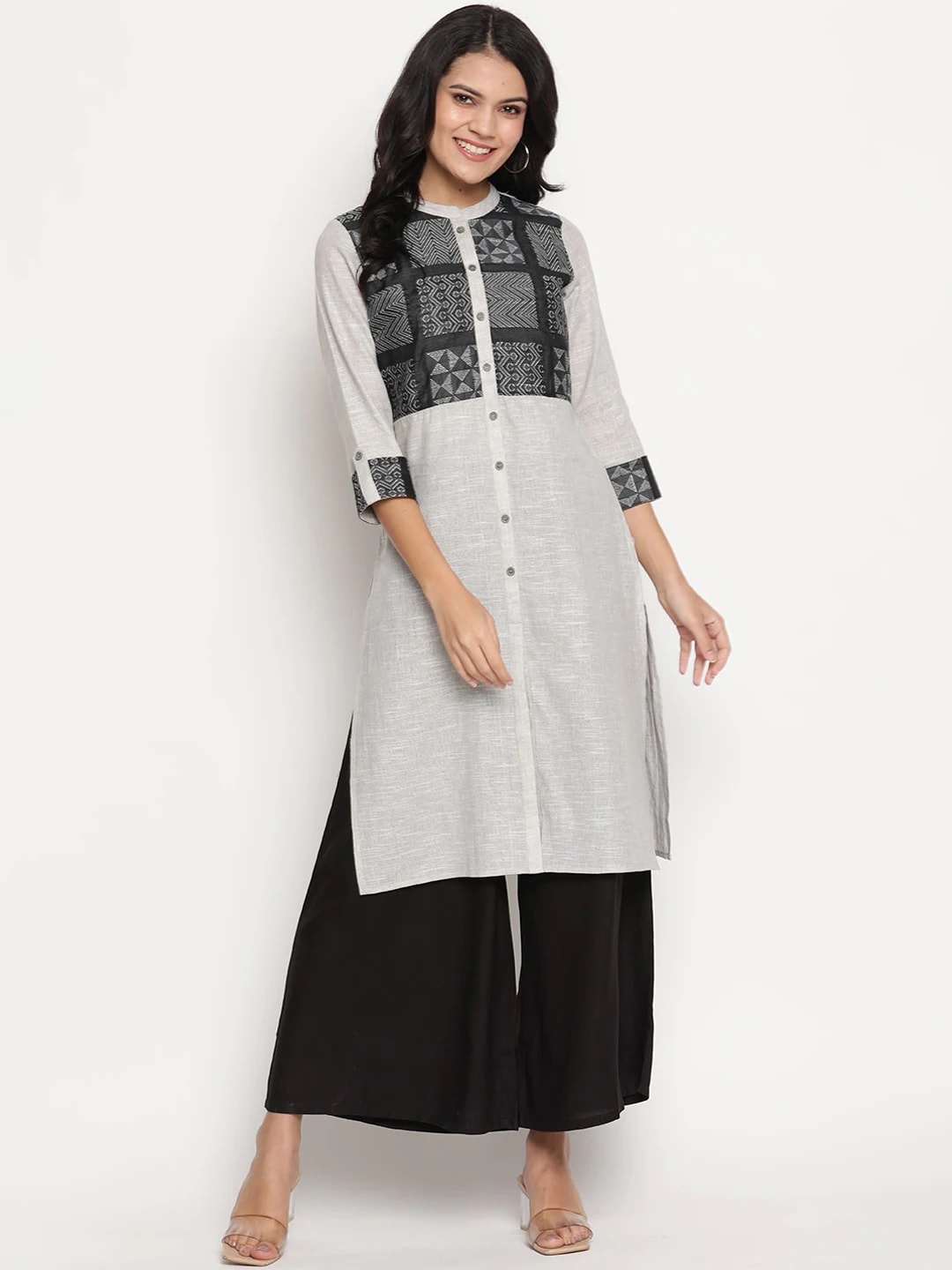 

Be Indi Women Collared Colourblocked Straight Multiple Slits Regular Kurta, Black