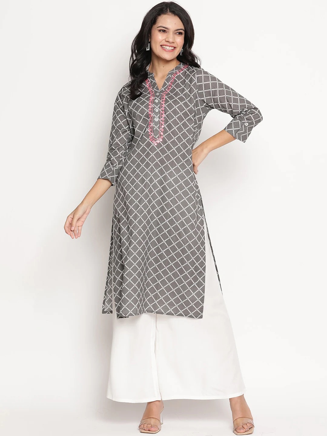 

Be Indi Women V-Neck Checked Straight Side Slits Regular Kurta, Grey
