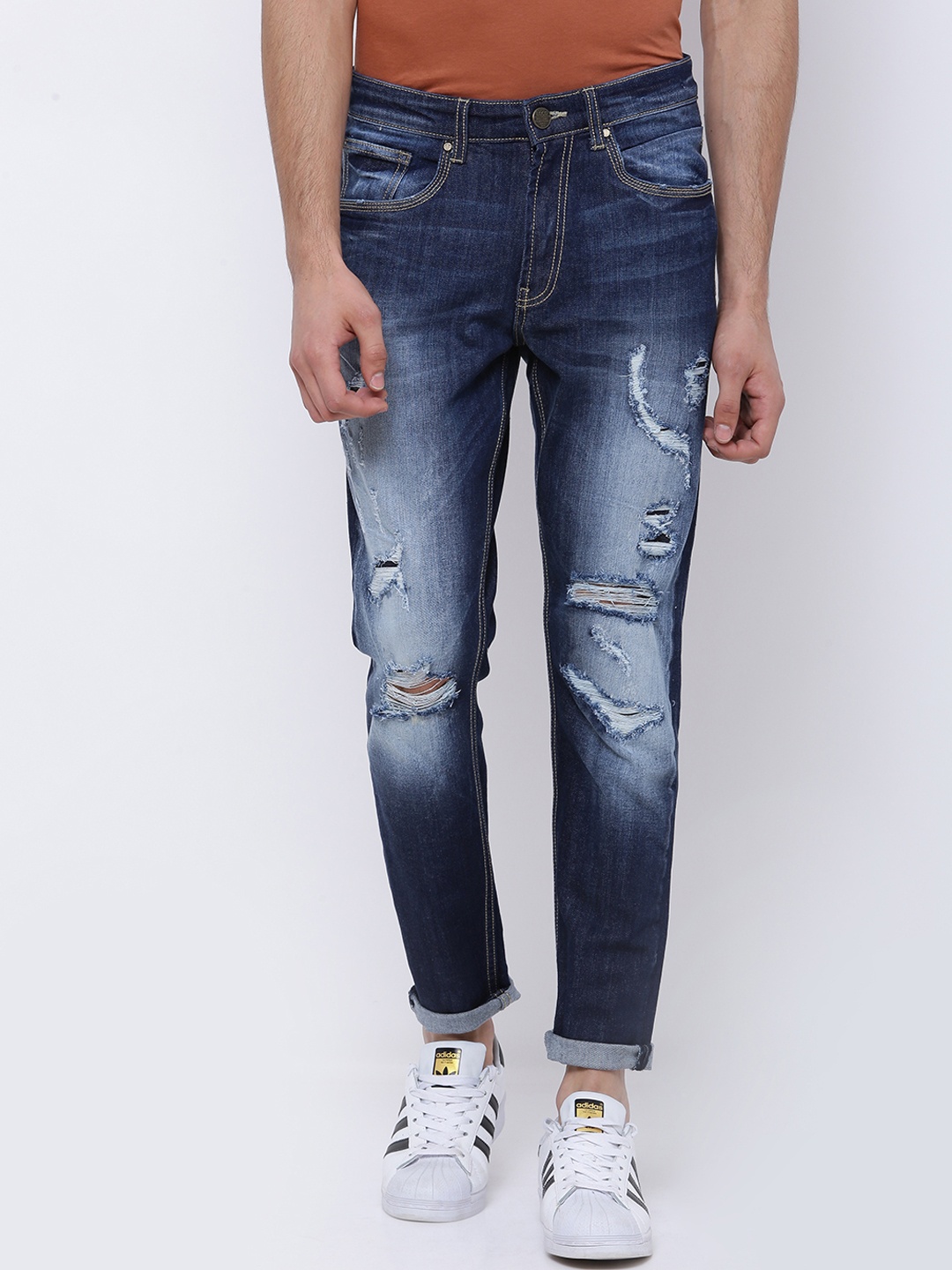 

LOCOMOTIVE Men Blue Tapered Fit Mid-Rise Low Distress Stretchable Jeans