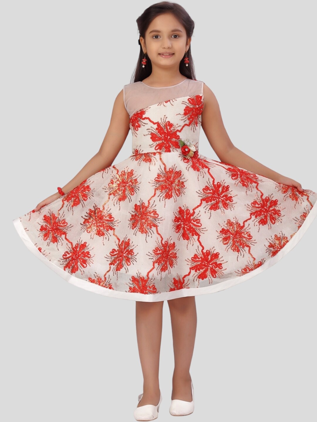 

Aarika Floral Printed Net Fit & Flare Dress, White