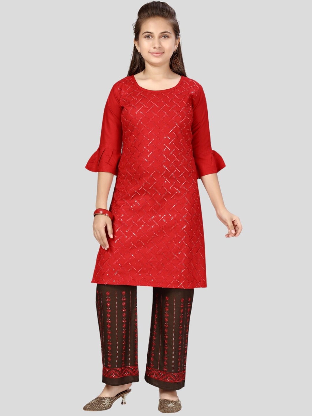 

Aarika Girls Embroidered Sequinned Pure Cotton Kurta with Palazzos, Red