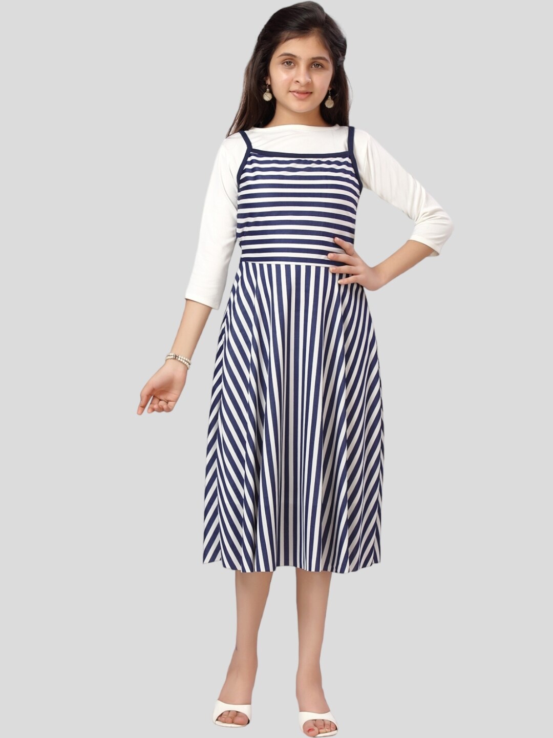 

Aarika Girls Striped Dungaree Dress With Top, Navy blue