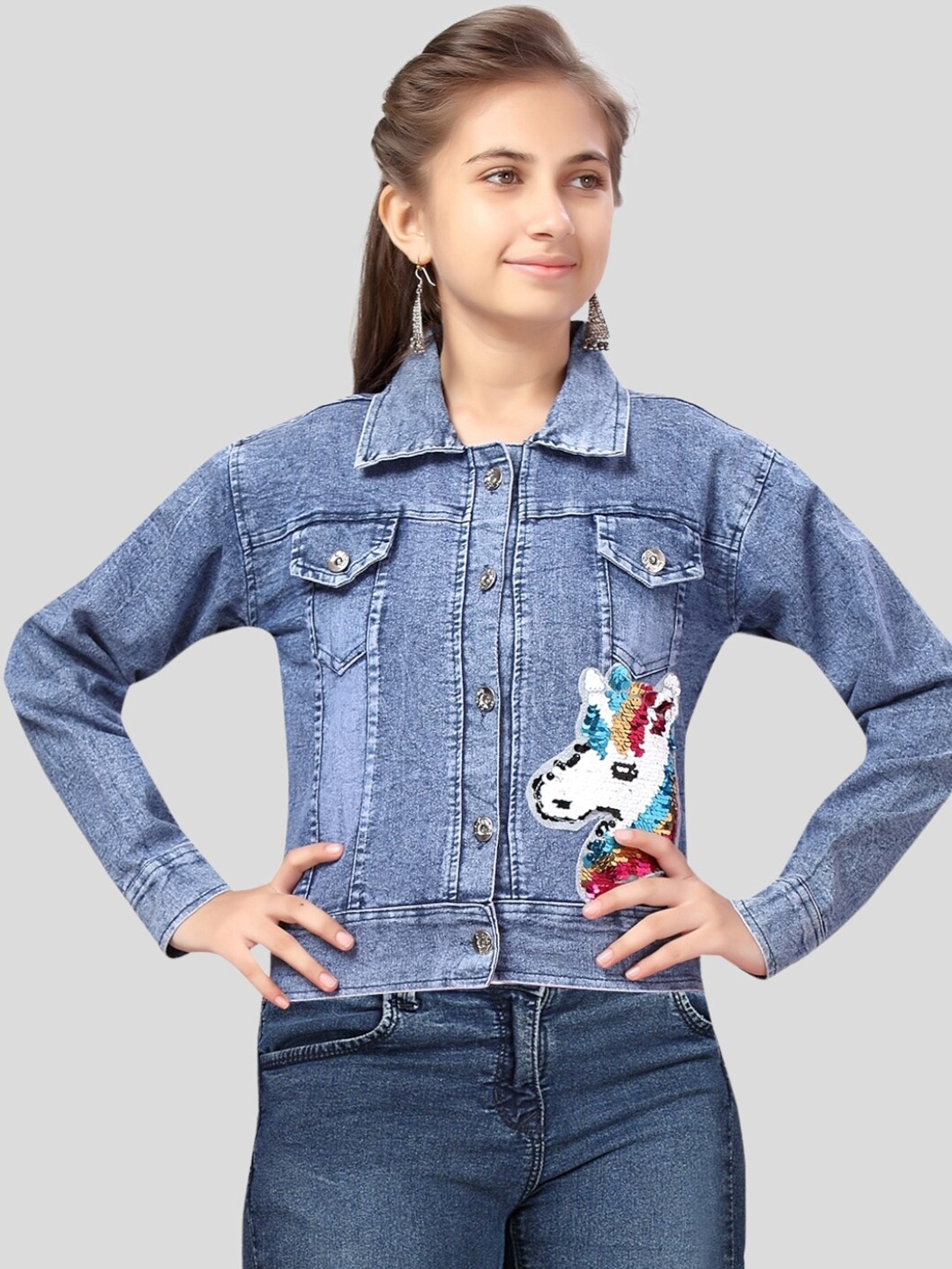 

Aarika Girls Washed Denim Jacket with Embroidered, Blue