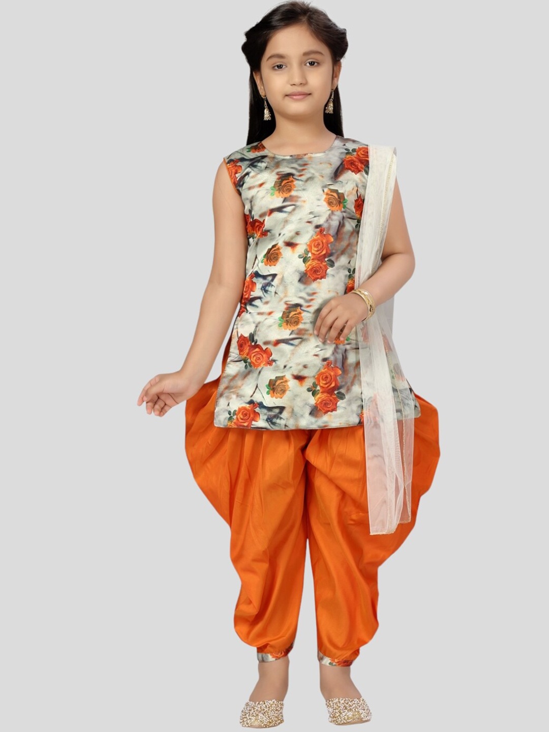 

Aarika Girls Floral Printed Pure Silk Kurti with Patiala & Dupatta, Orange
