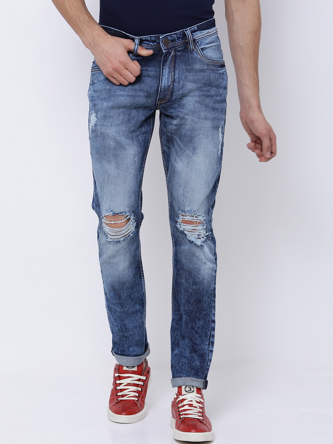 

LOCOMOTIVE Men Blue Super Skinny Fit Mid-Rise Slash Knee Stretchable Jeans