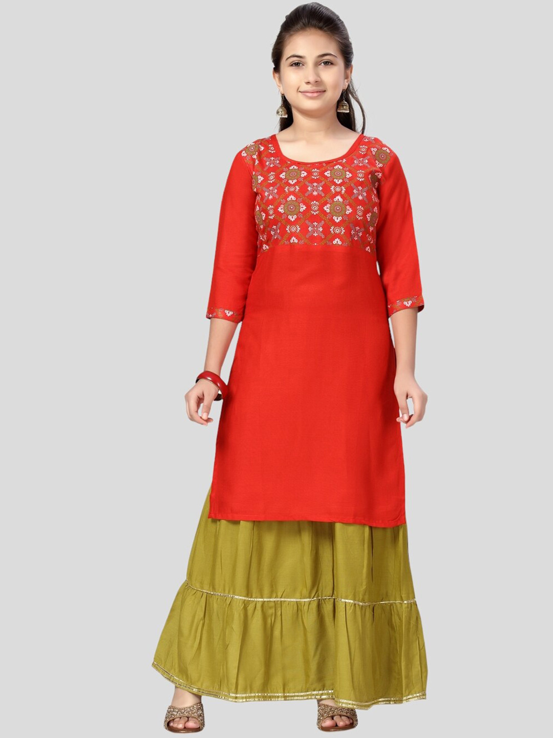 

Aarika Girls Floral Printed Pure Cotton Kurta with Skirt, Red