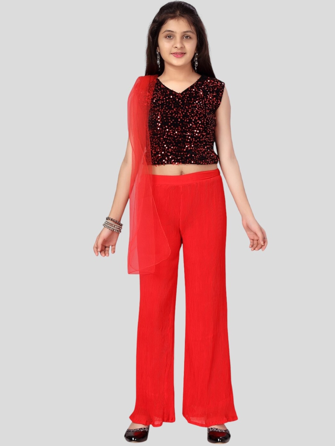 

Aarika Girls Sequinned Top with Palazzos & Dupatta, Red