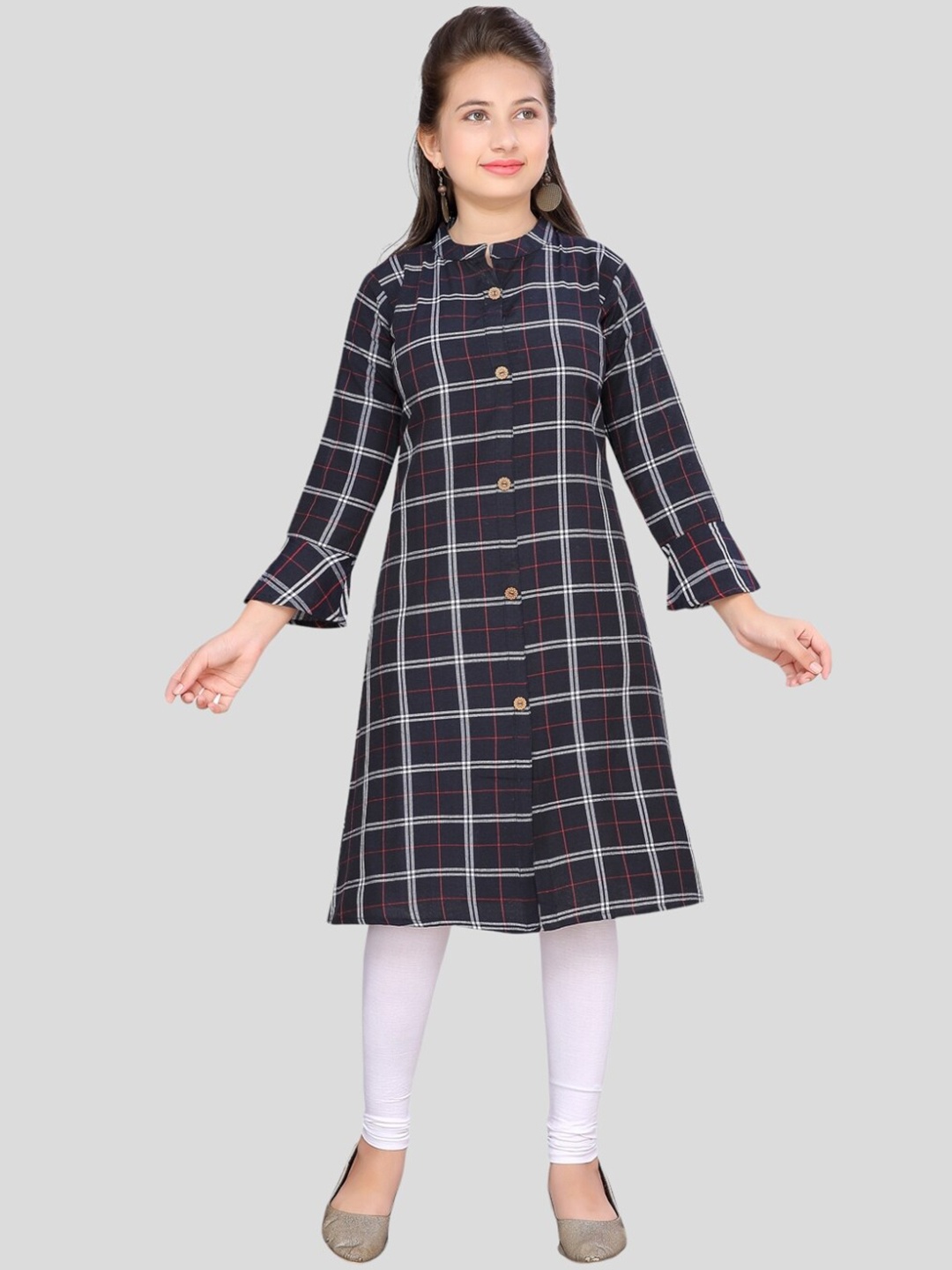 

Aarika Girls Checked Bell Sleeves Handloom Cotton Kurta, Black