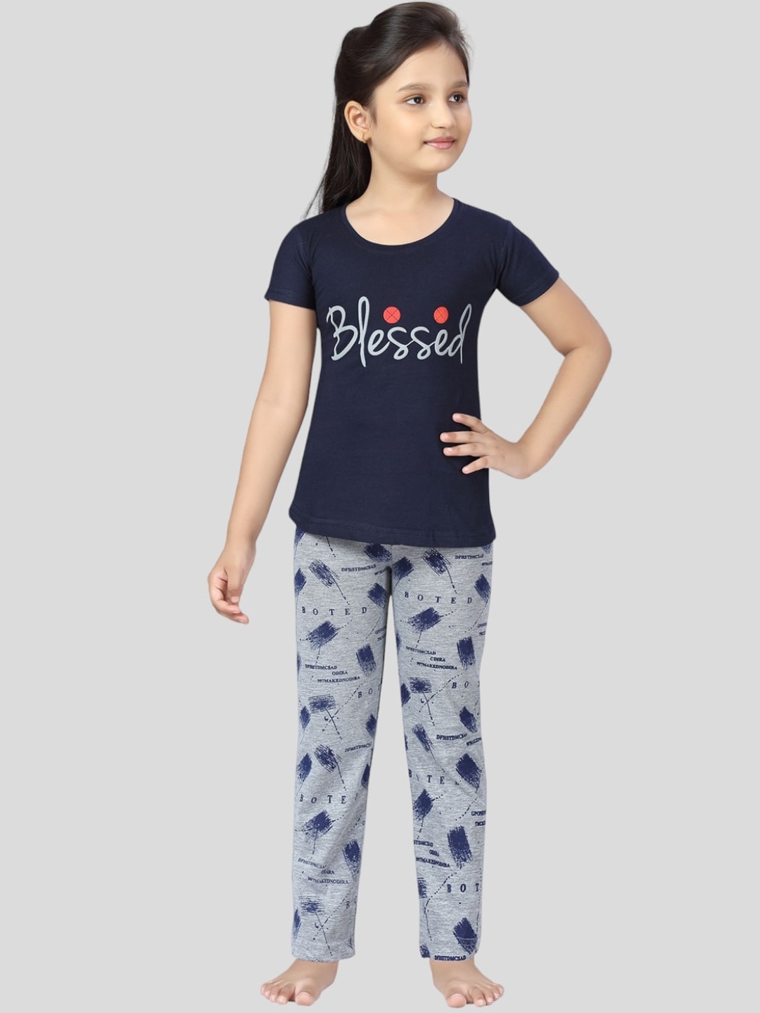 

Aarika Girls Printed Pure Cotton Night suit, Navy blue