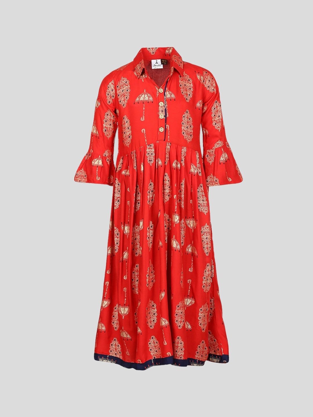 

Aarika Girls Ethnic Motifs Printed Bell Sleeves Handloom Anarkali Kurta, Red
