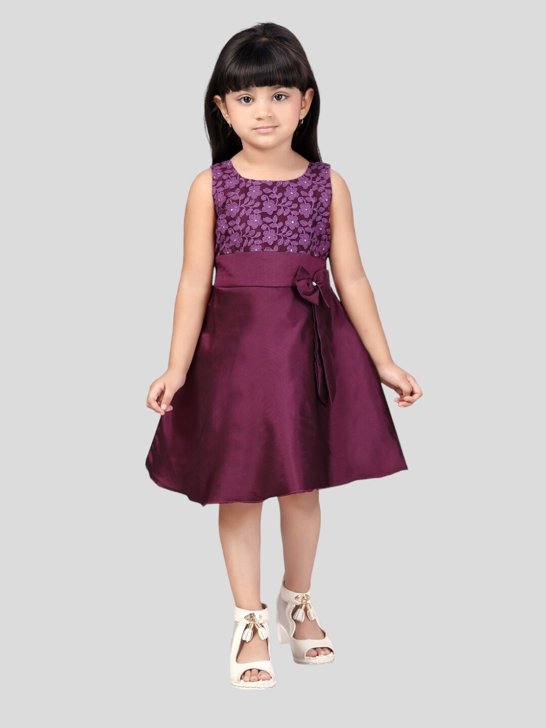 

Aarika Floral Embroidered Round Neck Fit & Flare Dress, Purple
