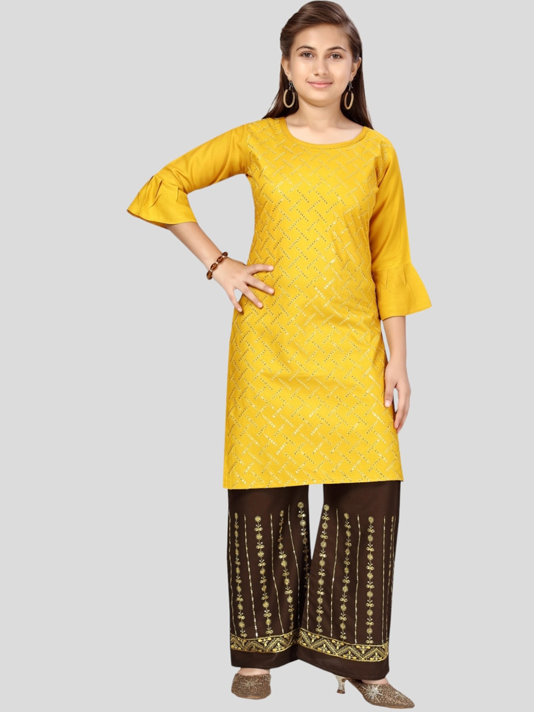 

Aarika Girls Embroidered Sequinned Pure Cotton Kurta with Palazzos, Yellow