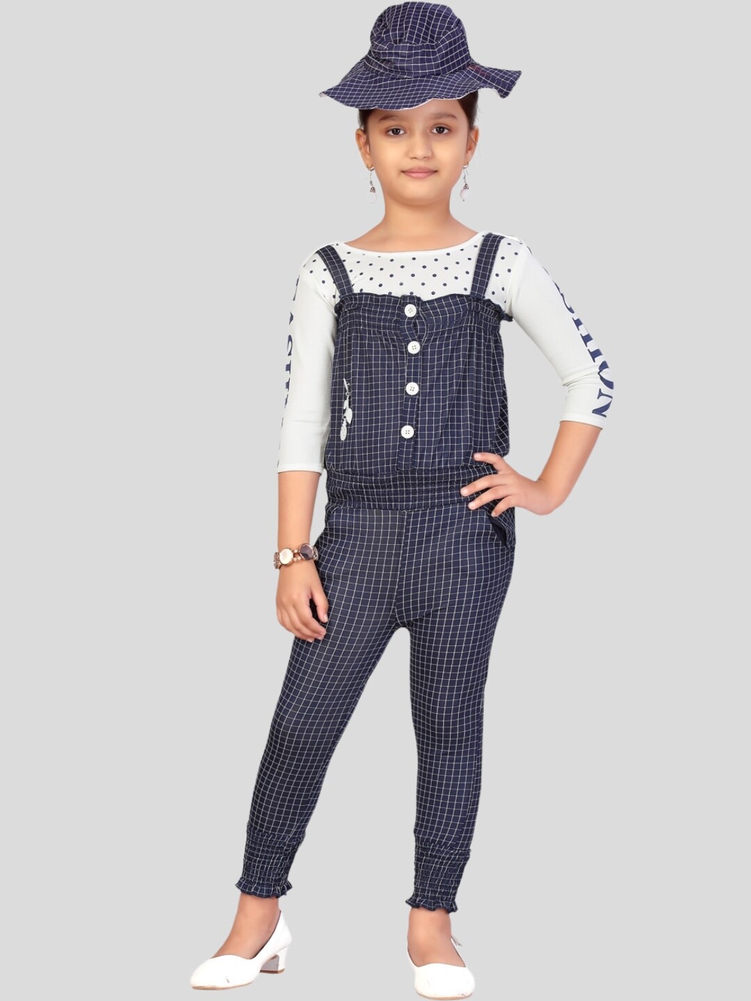 

Aarika Girls Checked Dungarees With T-shirt & Cap, Blue