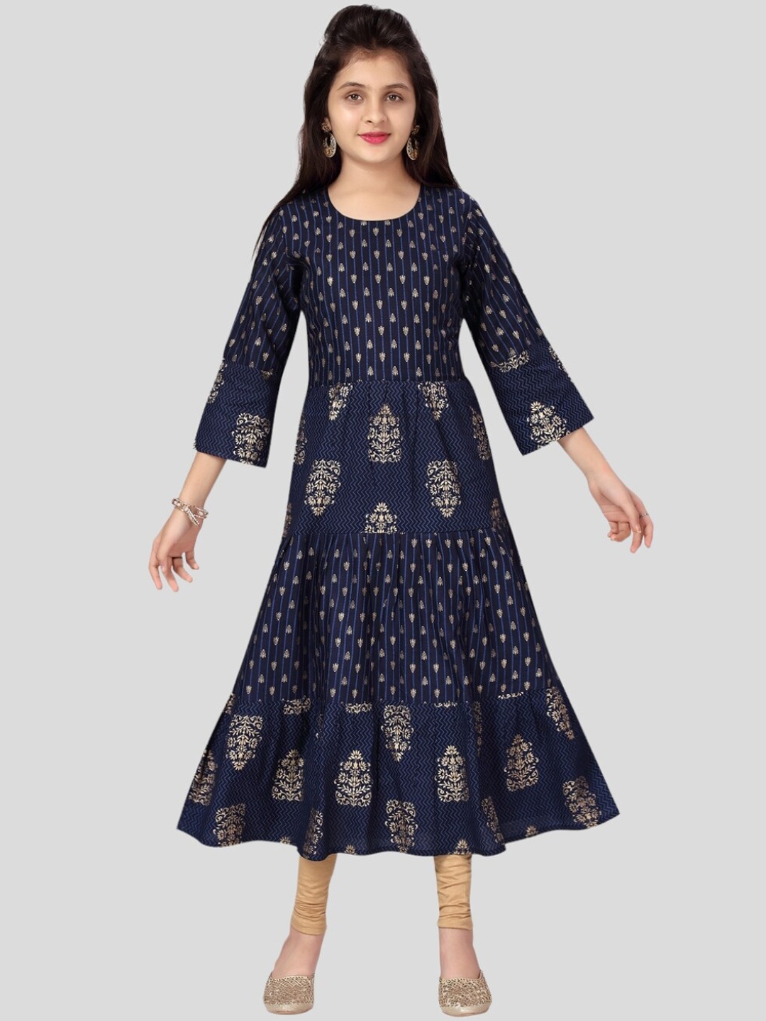 

Aarika Girls Cotton Ethnic Motifs Printed Handloom Anarkali Kurta, Blue