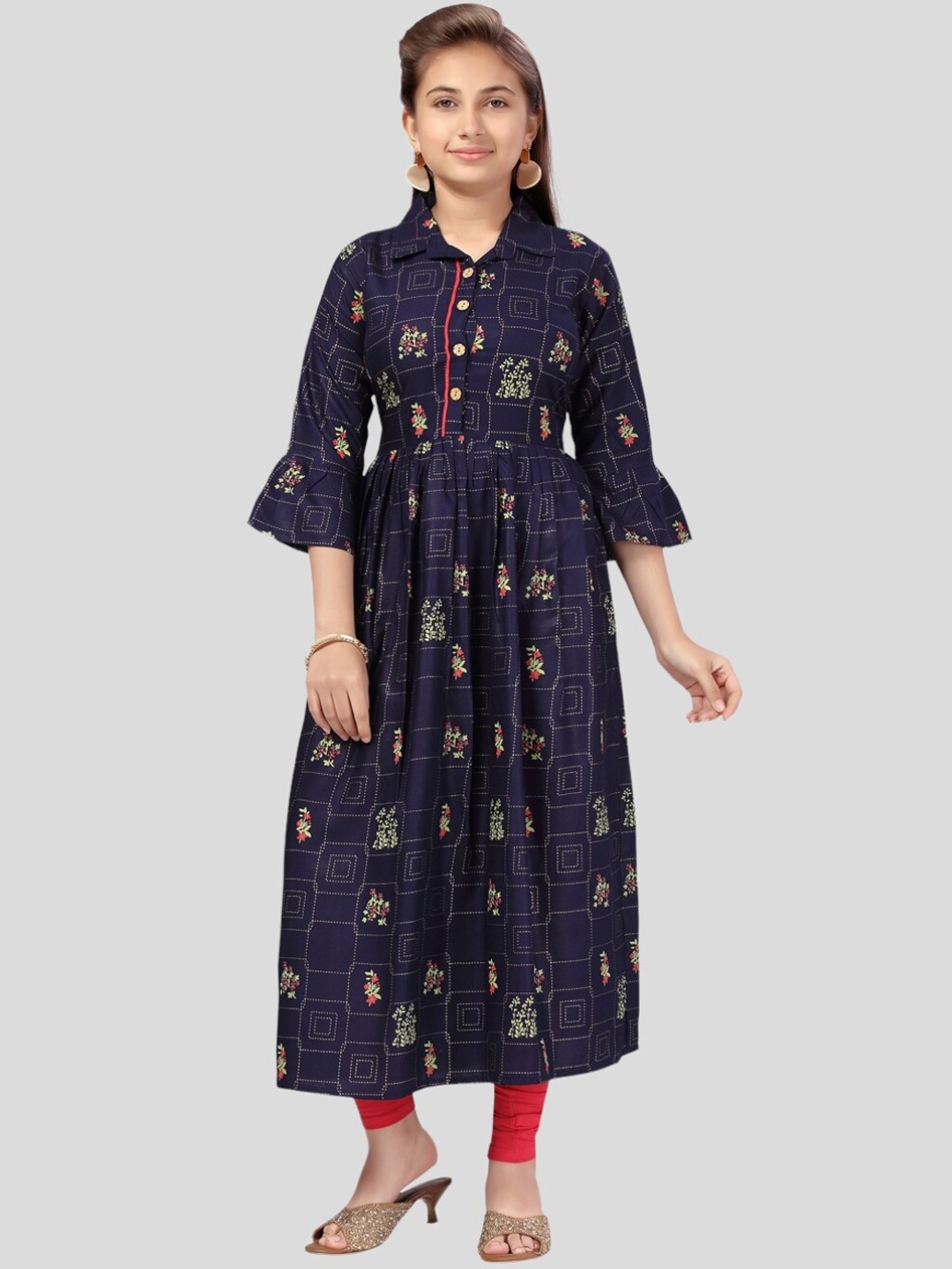 

Aarika Girls Cotton Ethnic Motifs Printed Bell Sleeves Handloom Anarkali Kurta, Navy blue