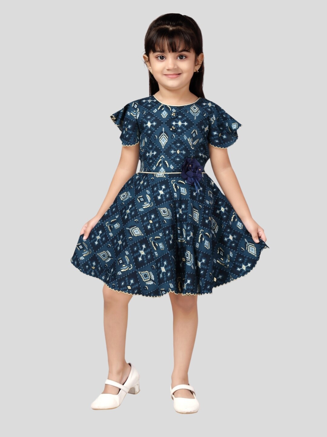 

Aarika Printed Round Neck Cotton Fit And Flare Dress, Blue