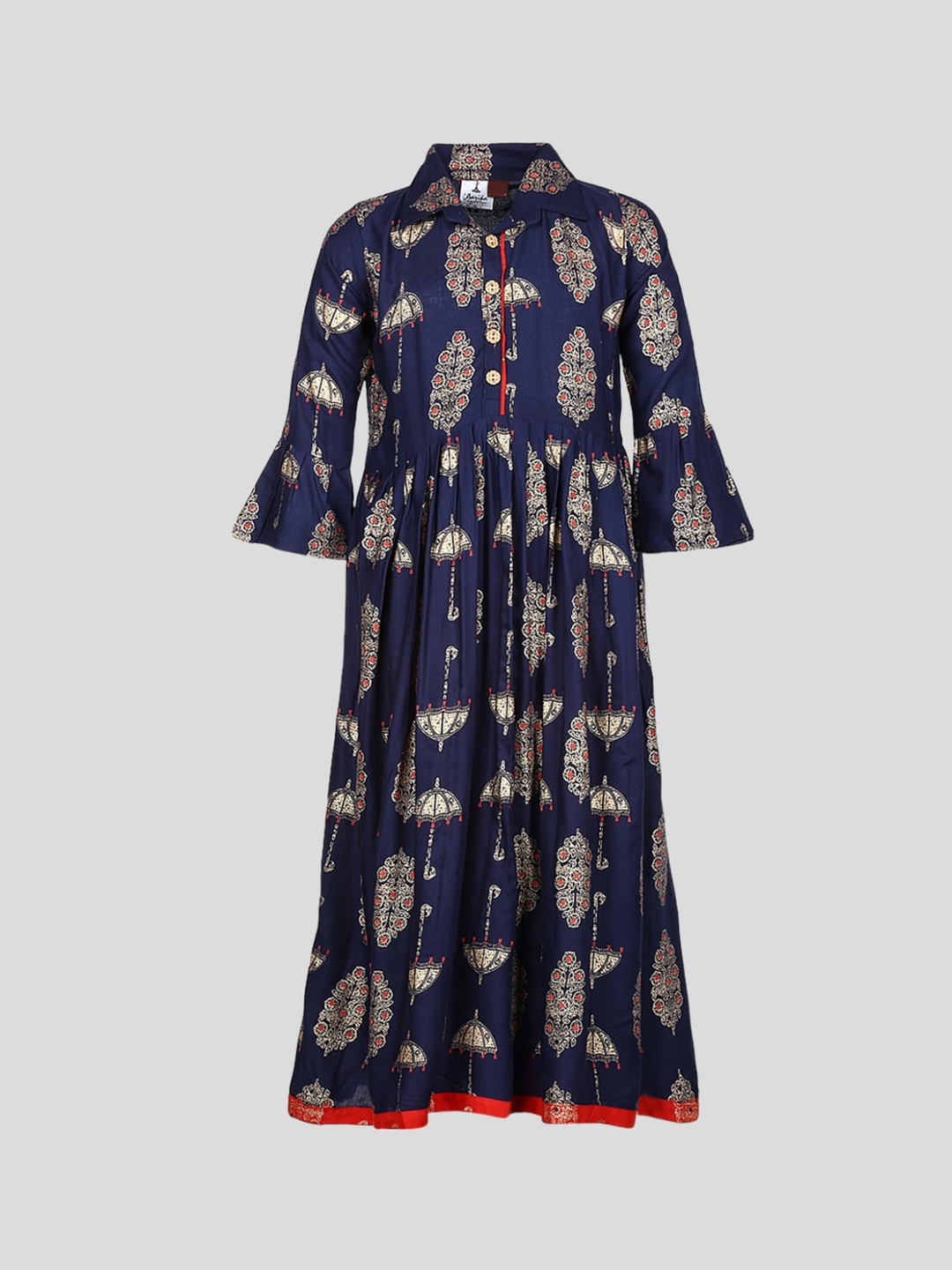

Aarika Girls Cotton Ethnic Motifs Printed Bell Sleeves Handloom Anarkali Kurta, Navy blue