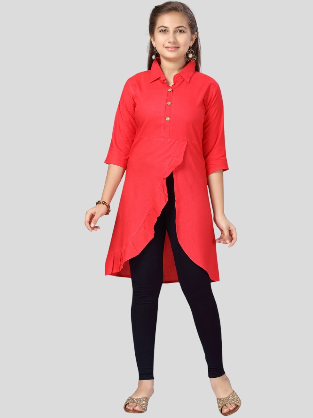 

Aarika Girls Shirt Collar Cotton Kurta, Red