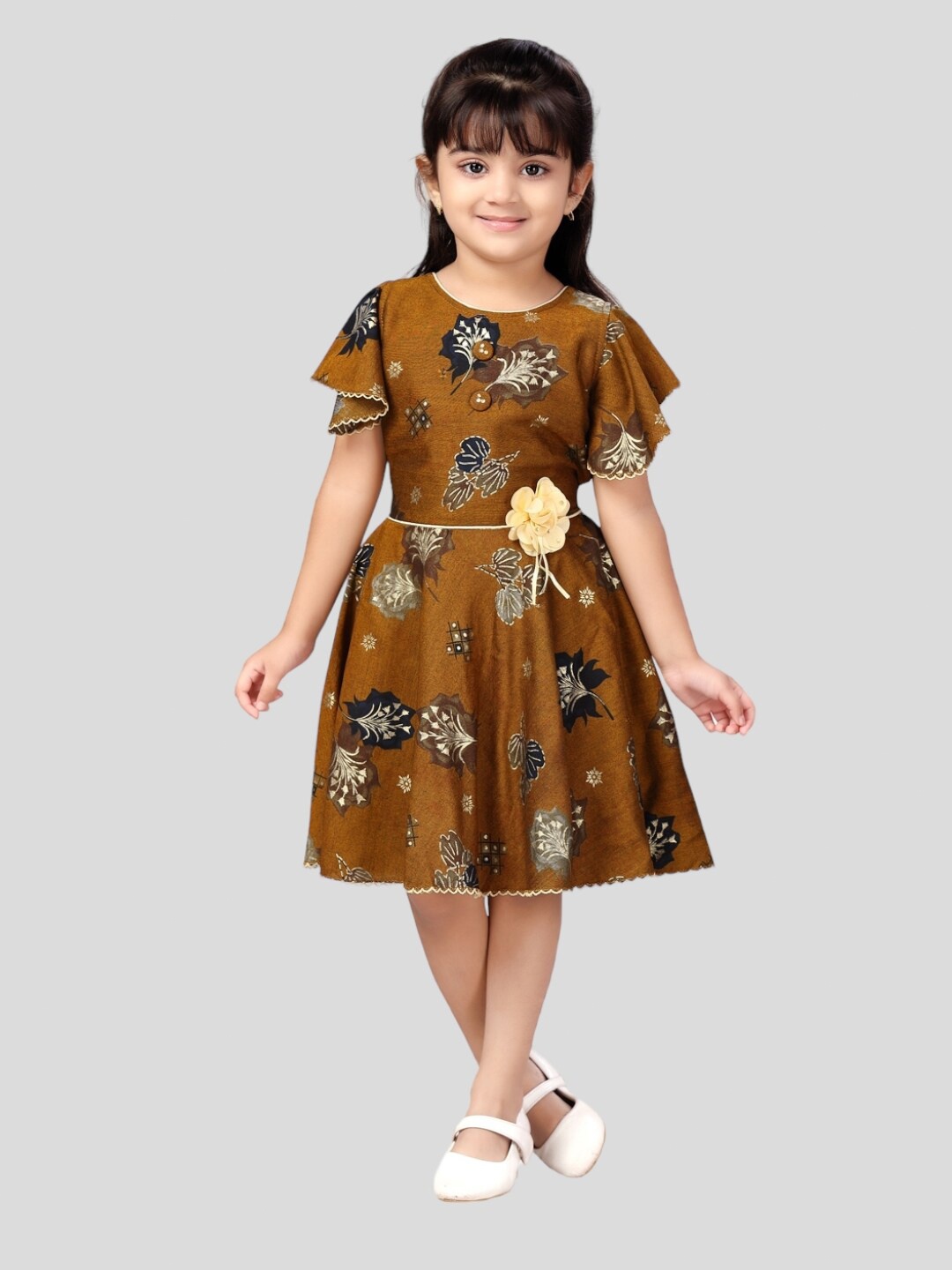 

Aarika Floral Printed Round Neck Cotton Dress, Brown