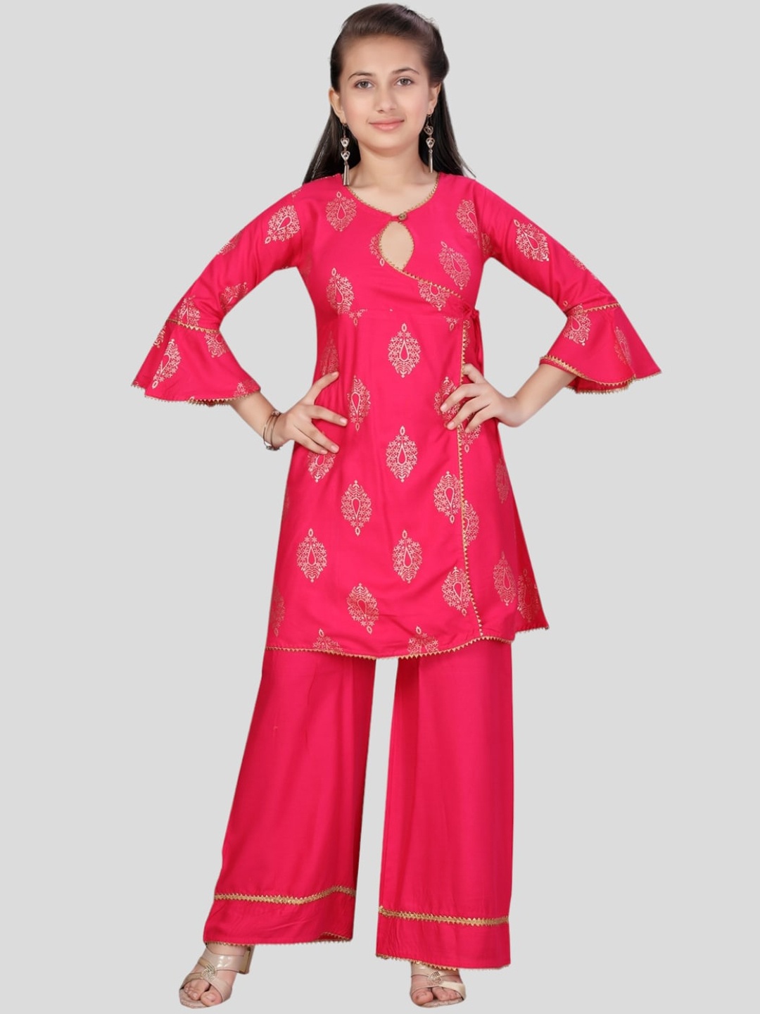 

Aarika Girls Printed Angrakha Pure Cotton Kurta with Palazzos, Pink