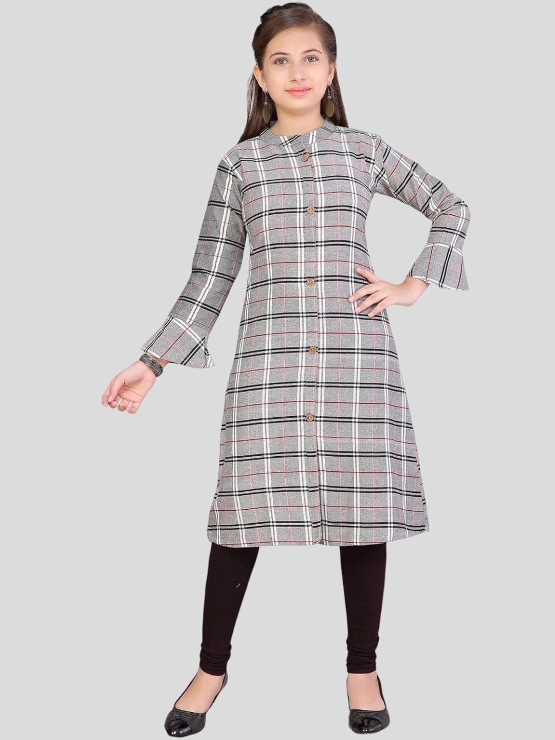 

Aarika Girls Cotton Checked Bell Sleeves Handloom Kurta, Grey