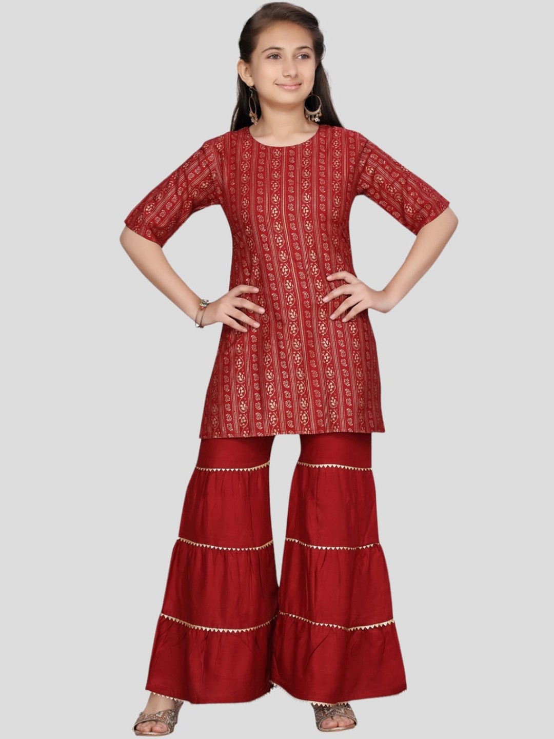 

Aarika Girls Printed Gotta Patti Pure Cotton Kurta with Sharara, Maroon