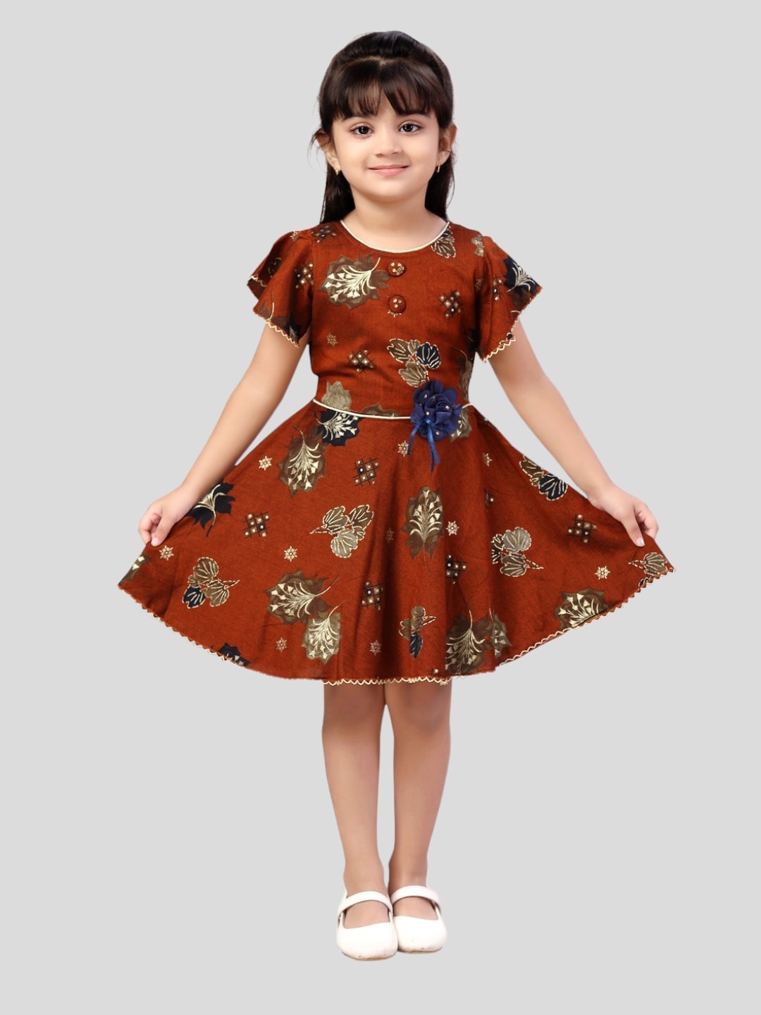

Aarika Floral Printed Round Neck Fit & Flare Cotton Dress, Maroon
