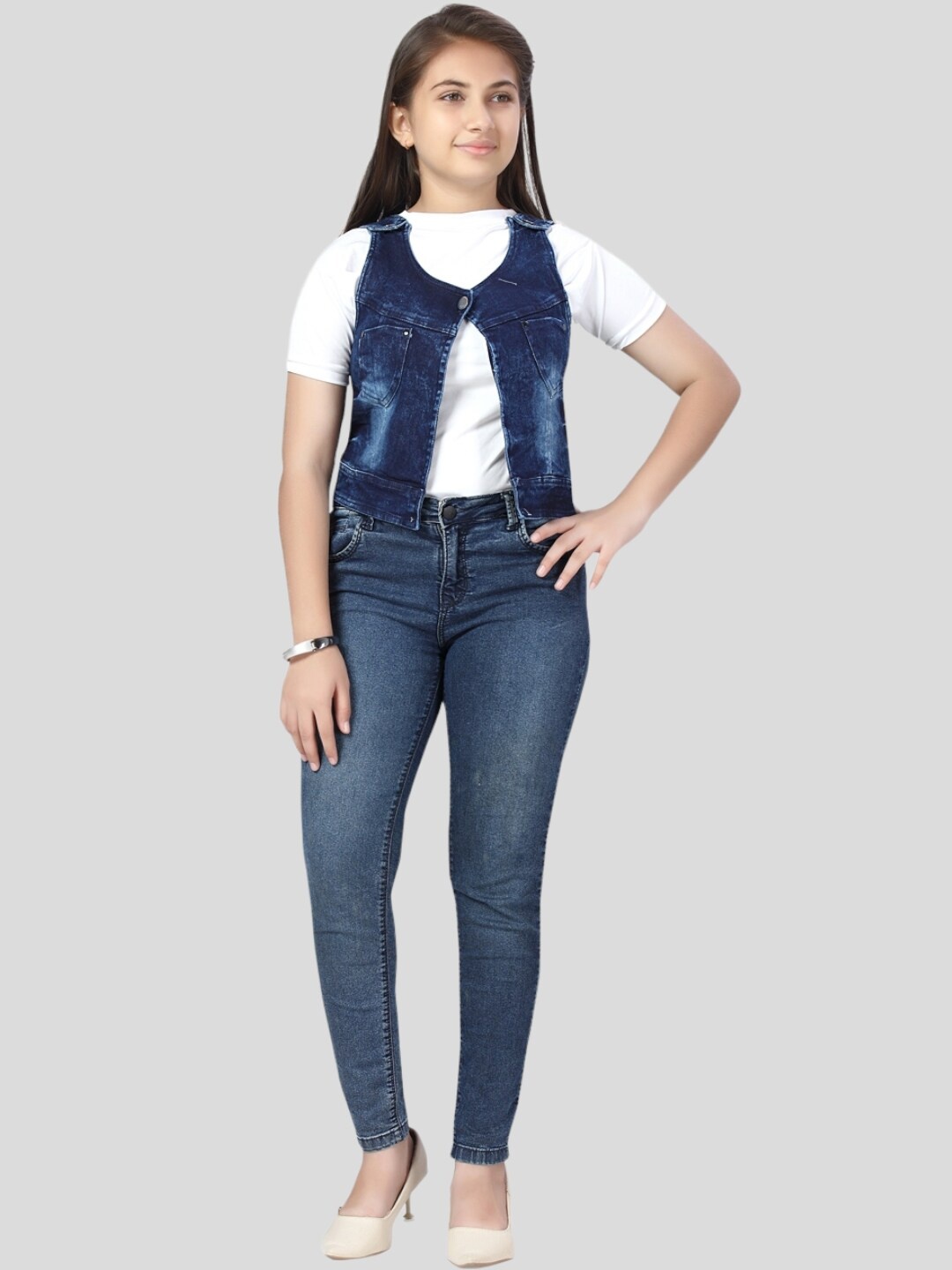 

Aarika Girls Denim Open Front Jacket, Blue