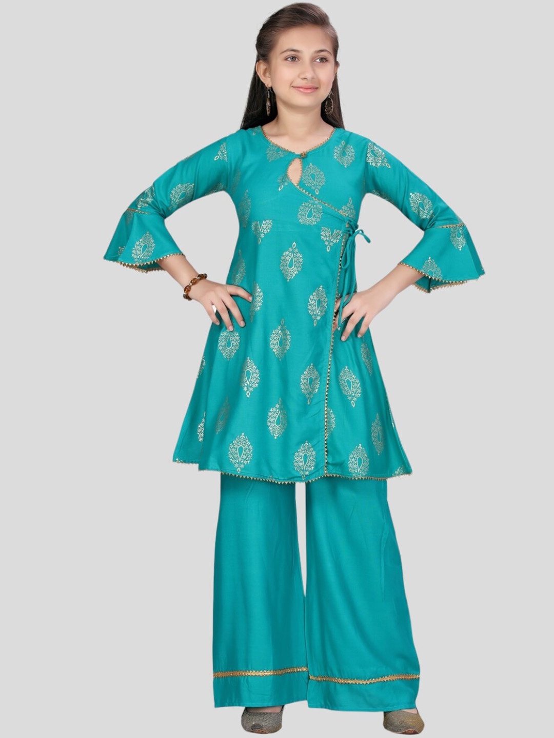 

Aarika Girls Ethnic Motifs Printed Angrakha Pure Cotton Kurti with Palazzos, Green