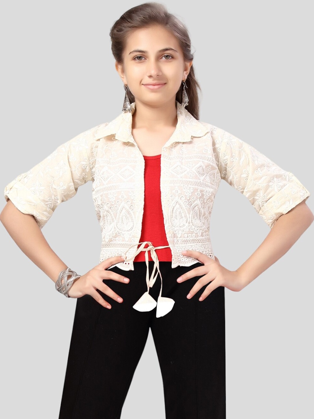 

Aarika Girls Crop Open Front Jacket with Embroidered, Cream