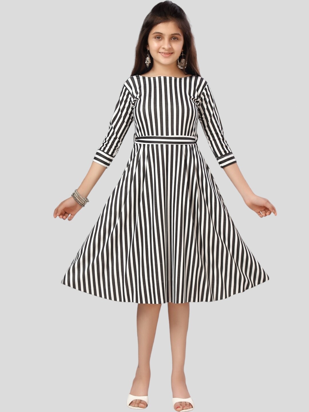 

Aarika Fit & Flare Boat Neck Striped Dress, Black