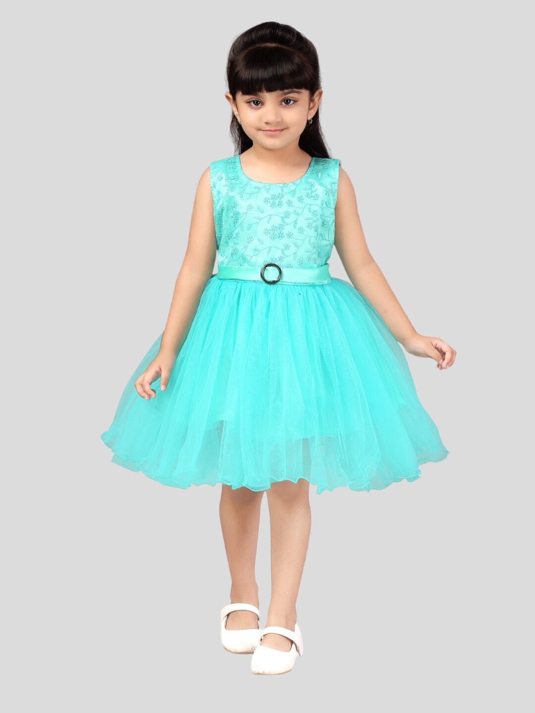 

Aarika Fit & Flare Round Neck Net Dress, Turquoise blue