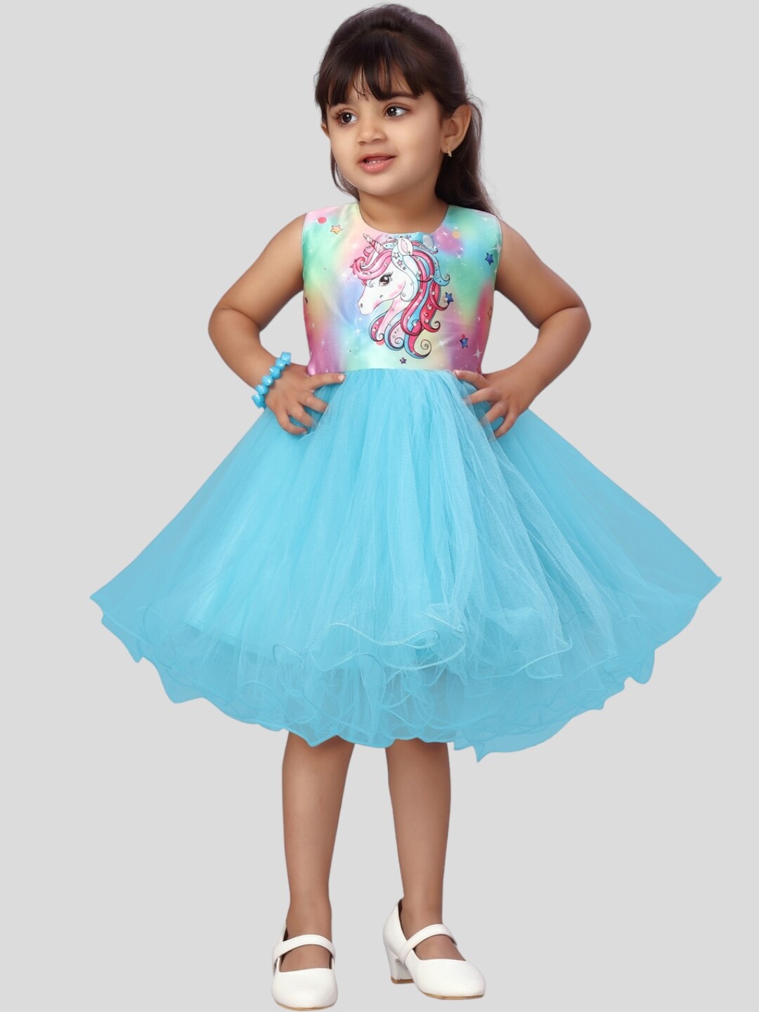 

Aarika Printed Fit & Flare Round Neck Net Dress, Turquoise blue