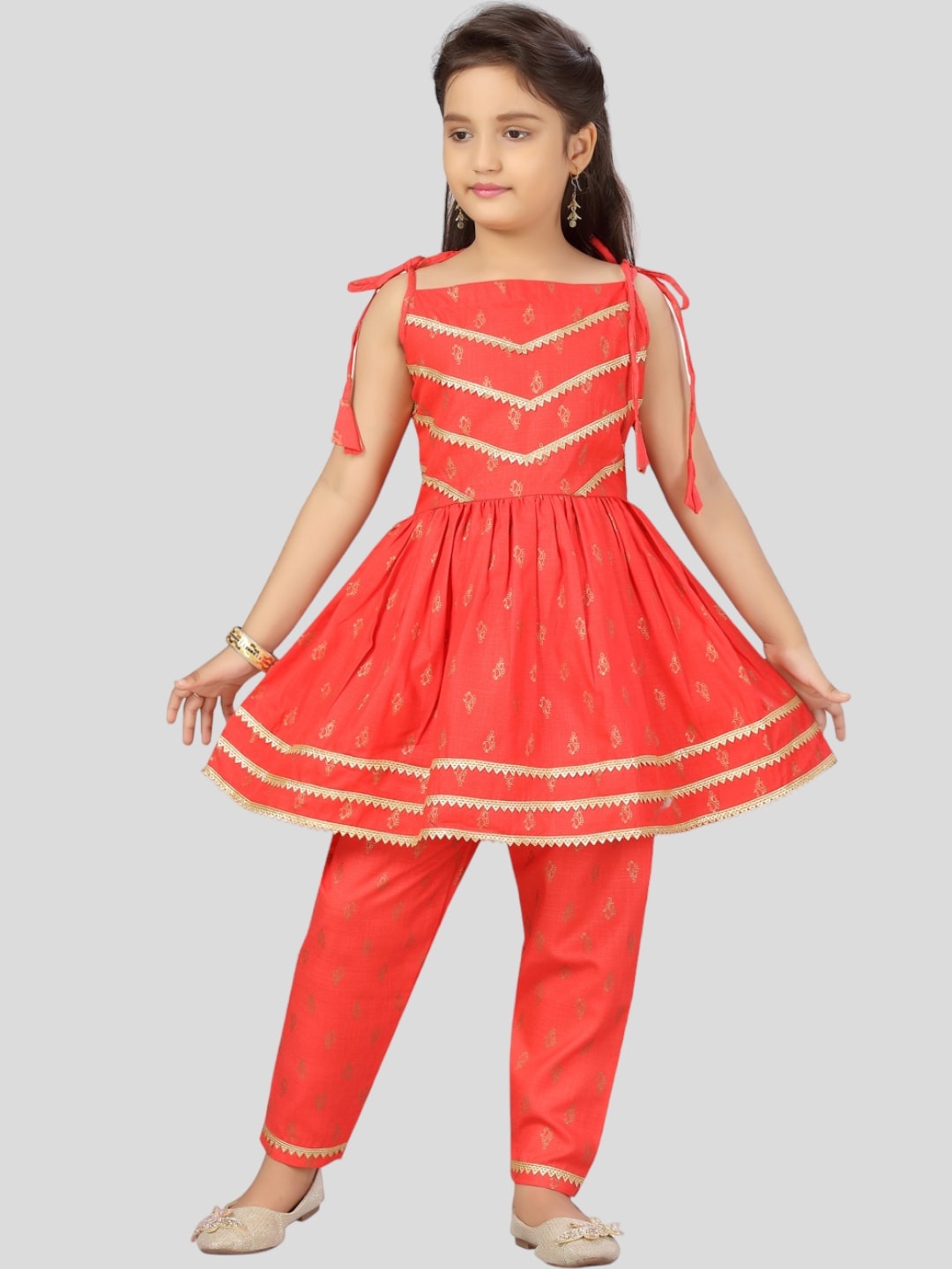 

Aarika Girls Ethnic Motifs Printed Gotta Patti Pure Cotton Kurta with Trousers, Orange