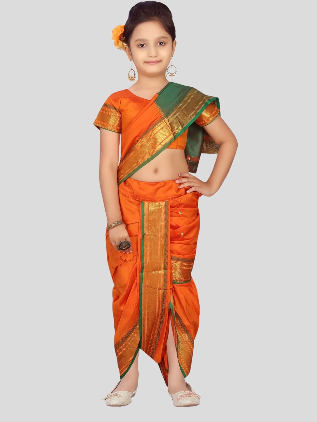 

Aarika Girls Woven Design Zari Art Silk Chanderi Dhoti Saree, Orange