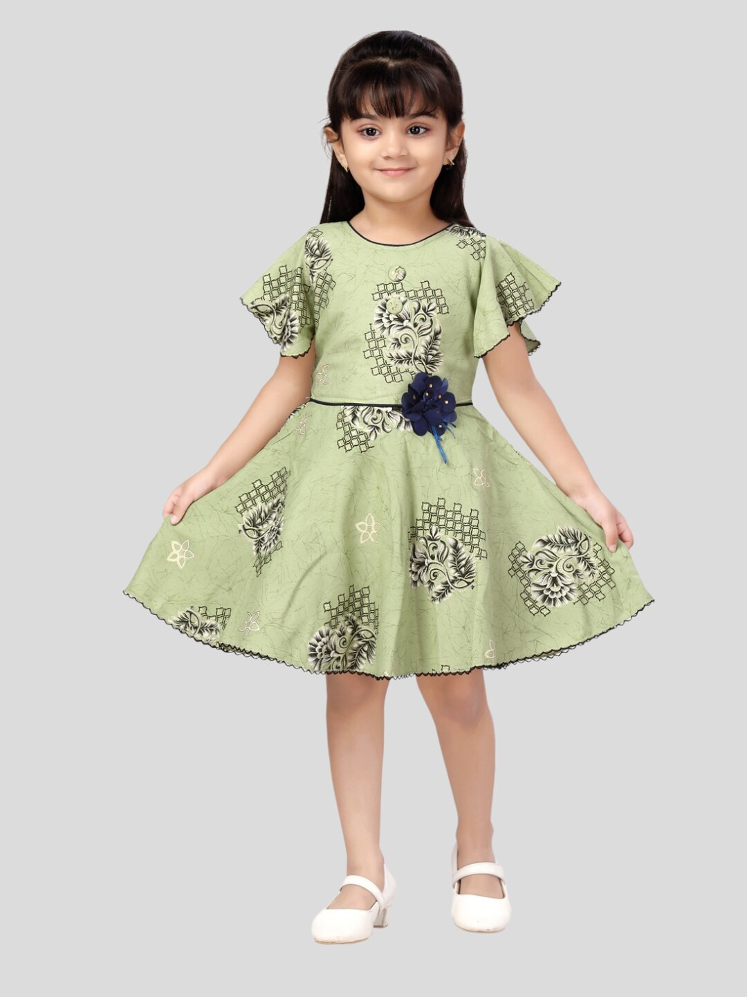 

Aarika Floral Printed Round Neck Fit & Flare Cotton Dress, Green