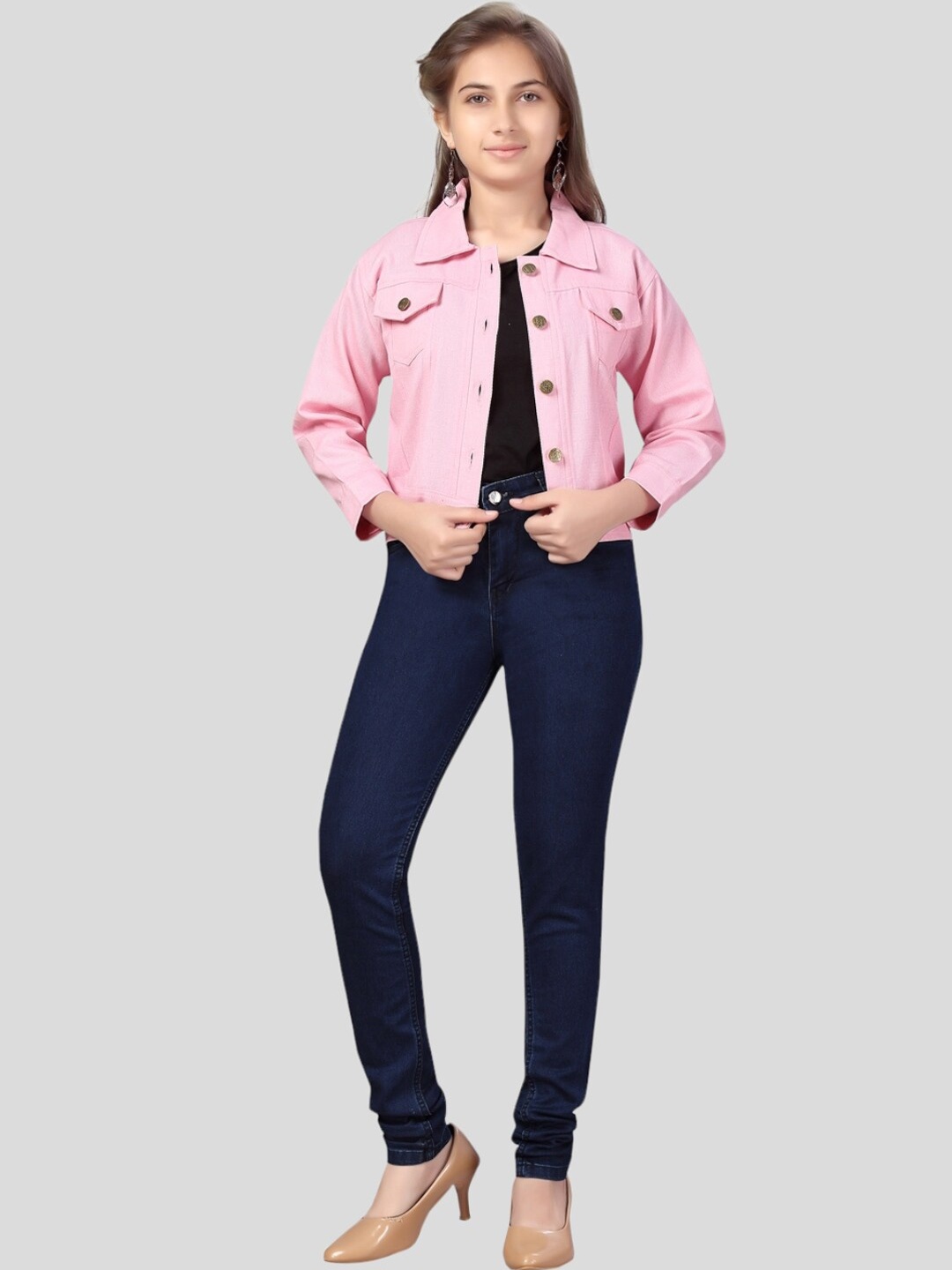 

Aarika Girls Solid Crop Denim Jacket, Pink